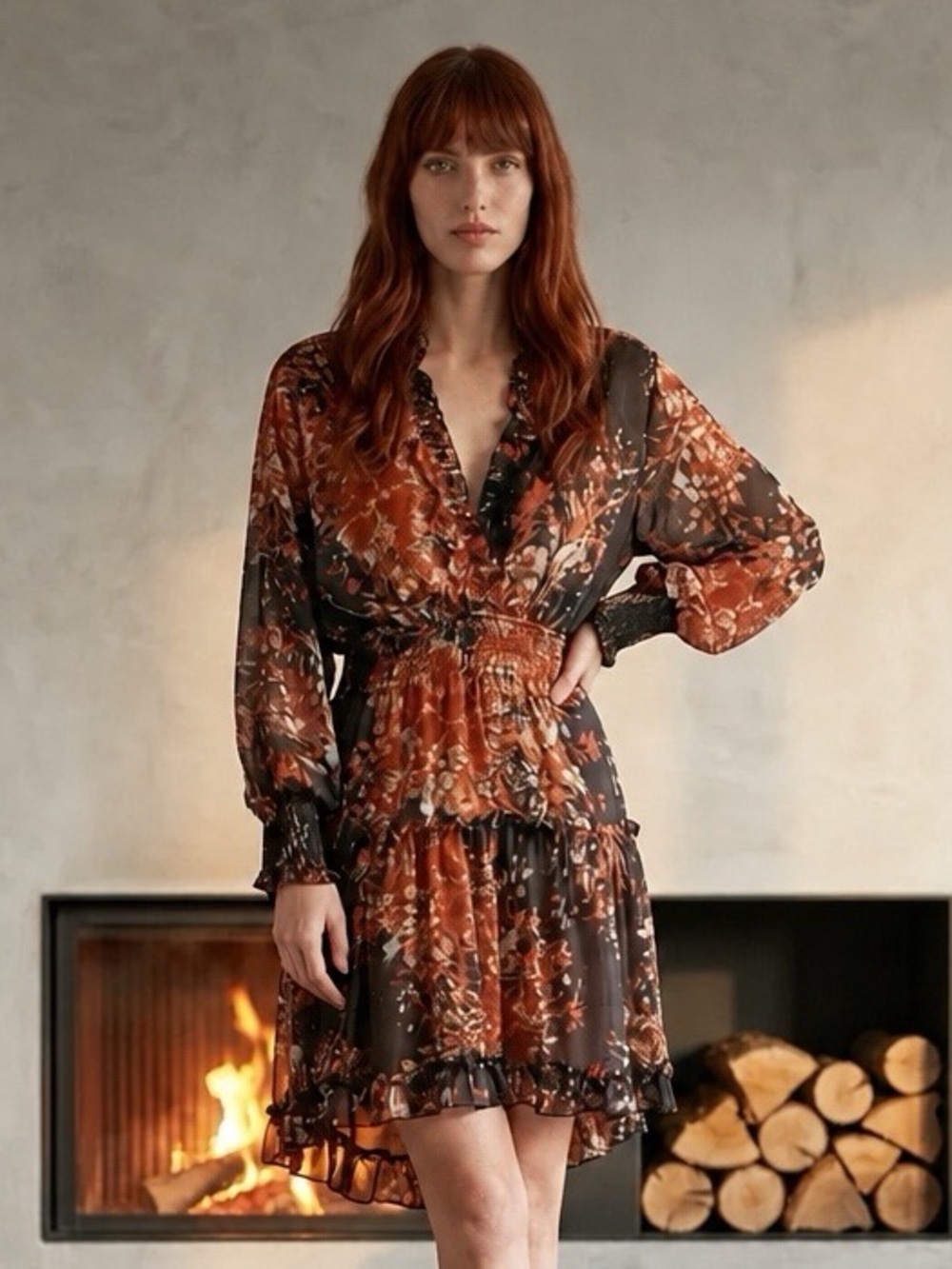 Love Stitch Floral Ruffle Long Sleeve Smocked Waist Mini Dress Size Small